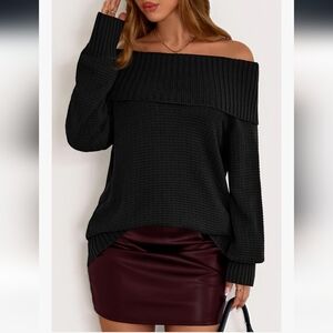 Off The Shoulder, Ribbed Detail, Loose Fit Knit Sweater In Black, Sz Large